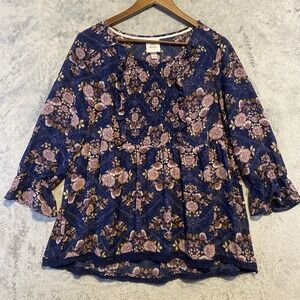 Knox Rose Blouse Sz L Babydoll Floral Tiered‎ Semi Sheer Smocked Ruffle Boho